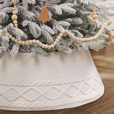Jupe de sapin de Noël, ornée d'un passepoil à motif losanges, utilisée pour décorer le pied du sapin artificiel, blanche. (1/5)