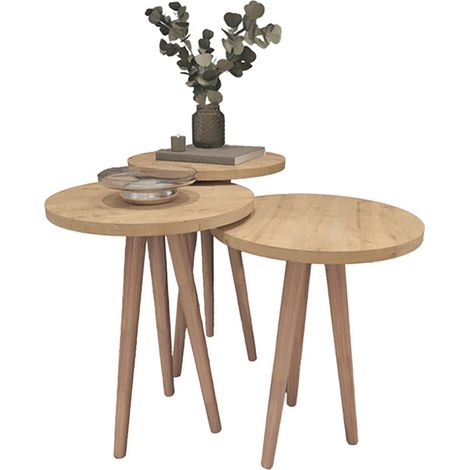 Ensemble de 3 tables d'appoint rondes coloris Chêne sur pieds - Diamètre 35 cm, Hauteurs différentes : 49, 47 et 45 cm