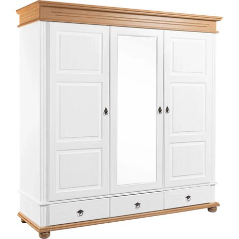 Armadio Camera da Letto 3 Ante con Specchio in Legno Bianco Rovere (1/5)