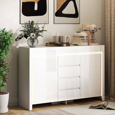 Buffet salon. meuble de rangement avec éclairage LED 4 tiroirs portes à fermeture douce 120 x 34 x cm. 80 blanc brillant