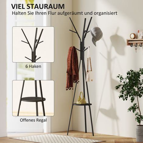 Porte-manteau mural avec étagère et 8 patères, penderie design pour manteaux, chapeaux, sacs, entrée, noir (1/4)