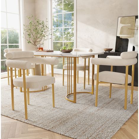 Poltrona da pranzo imbottita, seduta ampia ed ergonomica, velluto beige, struttura in metallo dorato (1/5)