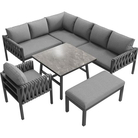 Conjunto de muebles de jardín de 5 piezas gris con sofá esquinero, mesa de vidrio templado y cojines (1/5)