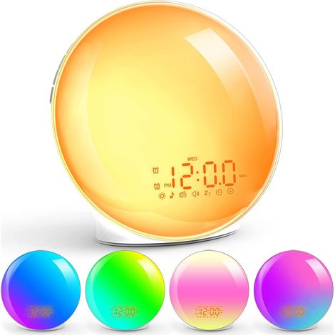 Réveil Lumineux pour Gros dormeurs, Chambre à Coucher, Radio-réveil Plein écran avec Simulation de Lever de Soleil, 3 Modes d'éclairage, répétition, Double Alarme, 8 Sons naturels