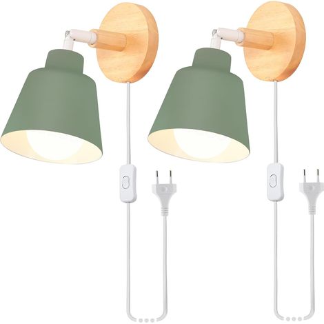 2 Pack Retro Vintage Wall Lights E27 Industrial Wood and Metal Adjustable Interior Wall Lamp with Socket and Switch Modern for Bedroom, Living Room, Cafe (Olive Green) (1/5)
