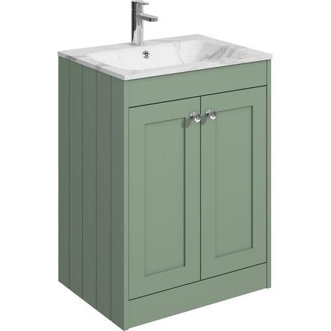 Balterley Butterton 600mm Floor Standing 2 Door Unit & Stone Basin 1 Tap Hole - Satin Green (1/4)