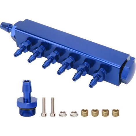 Collecteur d'admission universel 6 ports à vide, raccord NPT 1/8in, entrée/sortie NPT 1/2in, bleu, pour voiture et camion turbo. (1/5)