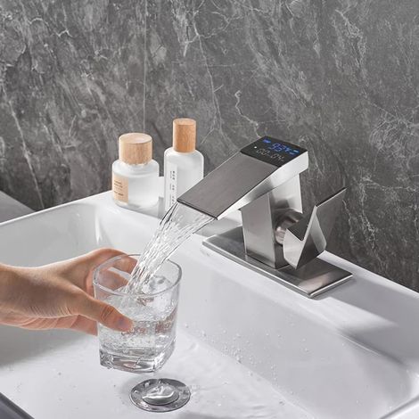 Robinet de lavabo avec affichage numérique — Mitigeur d'évier (eau chaude et froide), bec cascade, installation sur plage (1/5)
