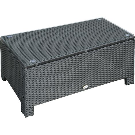 PE Rattan Coffee Table, Rectangular Outdoor Coffee Table with Tempered Glass Top, 70 KG Capacity for Garden, Balcony, Terrace, Patio, Black