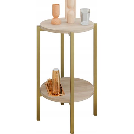 Table d'appoint ronde moderne avec étagère 35 x 35 x 62 cm, métal doré (1/5)