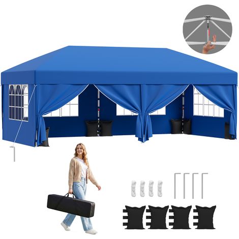 Tonnelle Pliable 3x6m à Montage Rapide Pop up Tonnelle Assemblage en 1 Minute Hauteur Réglable Stable au Vent & Imperméable, Bleu
