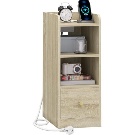 Table de Chevet avec Multiprise, Port USB et Type C, Table d'appoint Étroite, Espace de Rangement à 3 Niveaux avec 1 Tiroir, pour Chambre à Coucher, Salon, Couleur Chêne (1/5)