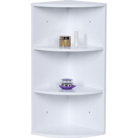 Scaffale angolare Relaxdays, 3 ripiani, scaffale da bagno, appeso o in piedi, HLP: 62x35x25 cm, MDF, bianco