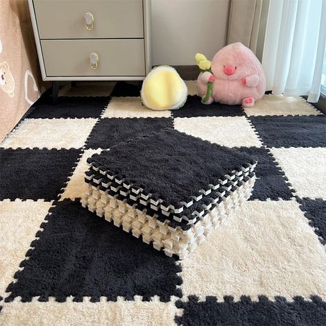 Tapis puzzle de 12 blocs de moquette, dalles de moquette moelleuses et emboîtables, dalles de puzzle antidérapantes en mousse EVA pour créer une zone sécurisée pour la chambre ou la salle de jeux (bei (1/5)