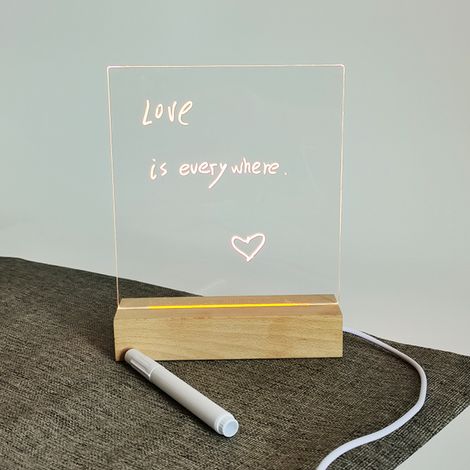Tableau lumineux à LED pour messages avec base en bois et plaque acrylique 15x15cm, éclairage d’ambiance doux pour bureau, chambre ou décoration intérieure, kit DIY incluant stylo et support avec cord (1/5)