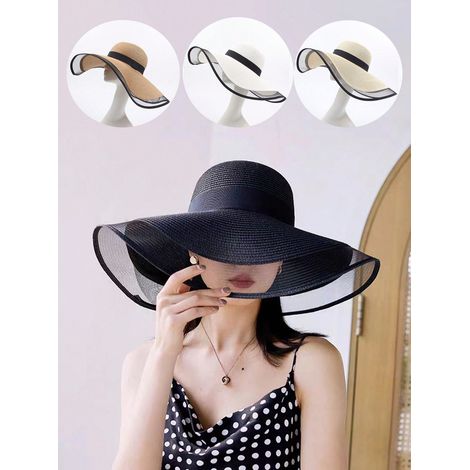 1 chapeau à large bord couvrant le visage, chapeau seau élégant en organza pour femmes, chapeau de soleil fin d'été en paille pour la protection solaire, pour vacances à la plage, couleur beige. (1/3)