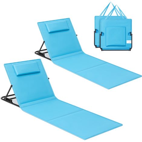 Lot de 2, Chaise Longue, Transat de Plage, Bain de Soleil, avec Appui-tête, Dossier Inclinable, Portable, avec Bandoulières, pour Camping, Jardin, Piscine, 158 x 55 cm, Bleu Ciel (1/5)