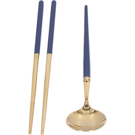 Ensemble de couverts en acier inoxydable réutilisable, boîte de rangement pour couverts d'étudiant, set de voyage avec fourchette, cuillère et baguettes bleu foncé et or