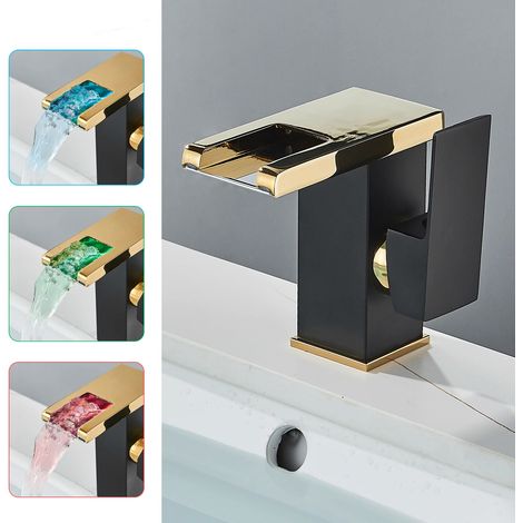 Mitigeur lumineux – Noir/or – Cascade – Hydroélectrique – Laiton massif – Robinet lavabo – Version courte