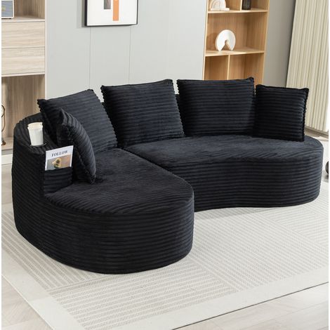 Canapé in velluto a coste nero 250x152x82 cm con portabicchieri, tasche laterali e cuscino (1/5)
