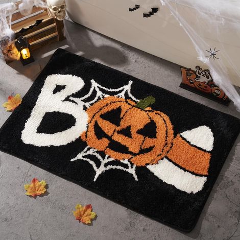 Tapis de salle de bain Halloween citrouille « Boo » noir et orange, tapis de sol moelleux absorbant l’eau, tapis décor antidérapant lavable en machine pour salle de douche, entrée, chambre et décorati (1/5)
