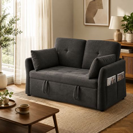 Klapp-Schlafcouch 3-in-1 Naturstoff, 2-Sitzer Wumagin, 5 Stufen verstellbar, 110x71x85 cm, mit Stauraum, Schwarz (1/5)