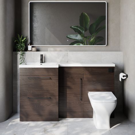 Napoli 390 Brown Oak 1500mm 2 Drawer Vanity Unit Toilet Suite with Left Hand Square Lucia Basin - 1500mm - Matt Black 320mm HandleWith Kingston Toilet Pan and Seat