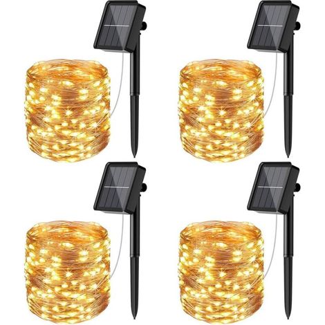 [Lot de 4] Guirlande Solaire Exterieur, 12m 100 LED Guirlande Lumineuse Solaire Exterieure Étanche 8 Modes Décoration Lumière pour Jardin Terrasse Cour Maison Noël Mariage Fête Blanc chaud H542