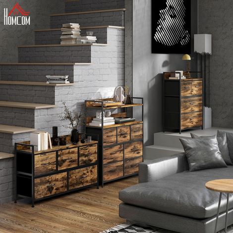Comò Contenitore con 5 Cassetti, Ripiano Superiore e Piedini Regolabili, Stile Industriale, in Poliestere, 98 × 29 × 63 cm, Marrone (1/5)