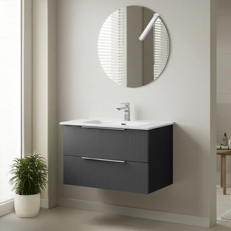 Mobile bagno sospeso 80 cm bicolore grigio cannettato e nero con lavabo e specchio Zena (1/5)