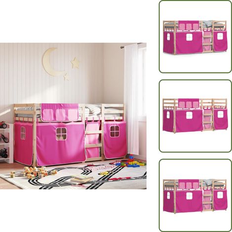 The Living Store Etagenbett mit Vorhängen Rosa 90x200 cm Massivholz Kiefer - Kinderzimmermöbel - Hochbett - Etagenbett - Jugendzimmer - Holzbett