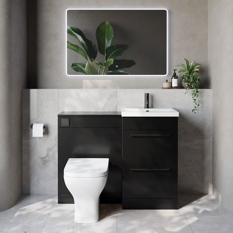 Napoli 390 Cento Matt Black 1100mm 2 Drawer Vanity Unit Toilet Suite with Glide Basin - 1100mm - Matt Black 320mm HandleWith Kingston Toilet Pan and Seat