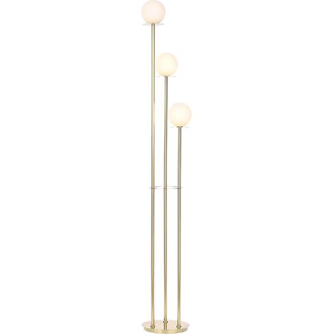 Litecraft Saucer Floor Lamp 3 Light With White Glass Ball Shades - Satin Brass
