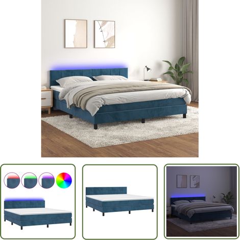The Living Store Sommier à lattes de lit avec matelas LED Bleu foncé 180x200 cm - Sommier Tapissier - Lit Avec Led - Lit Design - Lit Velours - Matelas Ensachés (1/5)