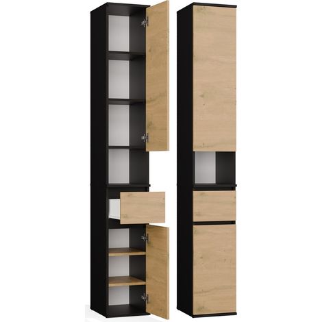 Lior 2d1s - mueble columna - mueble con cajón para oficina - 30x202,5x35 cm - negro roble artisan (1/5)