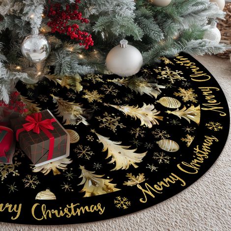 Jupe de sapin de Noël « Joyeux Noël » 122 cm - Décoration champêtre douce pour sapin de Noël avec flocons de neige, jupe ornementale festive dorée et noire pour sapin de Noël, décoration élégante pour (1/4)
