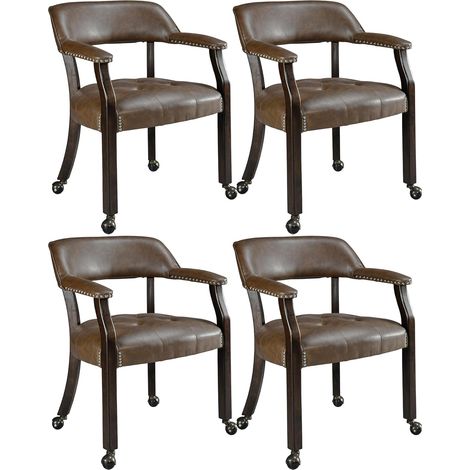 PADMA HOUSE Set of 4 Large Dining-Chair with Casters and Arms, Rolling Dining Chair with Wheels, Accent Game Poker-Chairs, Boss Caption's-Chairs, Solid Wood Legs and Faux Leather Seat, Brown XXY1910BN (1/5)