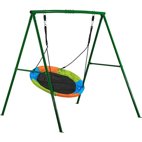Ensemble Balançoire Extérieur Jardin, Siège Suspendu 100 cm avec Support Métallique en A Renforcé, Capacité 199,6 kg, Ancrage au Sol Hélicoïdal, Balançoire pour Enfants, Vert et Multicolore (1/5)