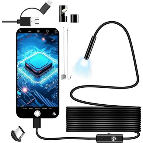 Telecamera endoscopica - Telecamera di ispezione - Telecamera - 5 m - Illuminazione a 6 LED - Impermeabile IP67 - Telecamera flessibile - Telecamera cablata - HD impermeabile - Adatta per computer con (1/5)