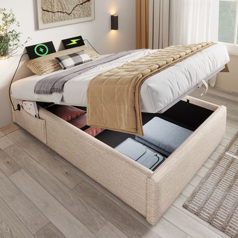 Cama individual 90x190 cm con USB-C sin cabecero lino color beige apto para niños y adolescentes(Sin Colchón) (1/5)