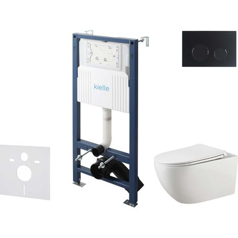 kielle Genesis New - Set bâti-support, WC Gaia, sans rebord, abattant softclose et bouton-poussoir Gemini New II, noir mat 30528SS15