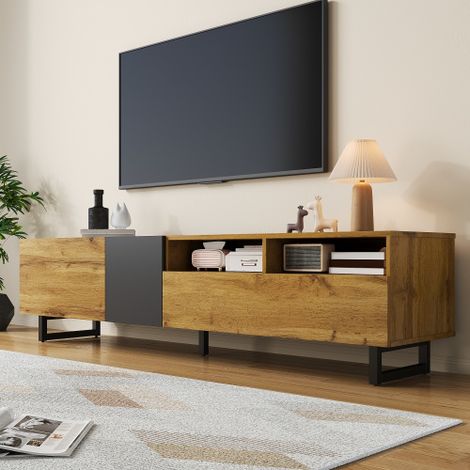 Meuble TV bois avec 3 portes et pieds en métal, 2 rangements ouverts
