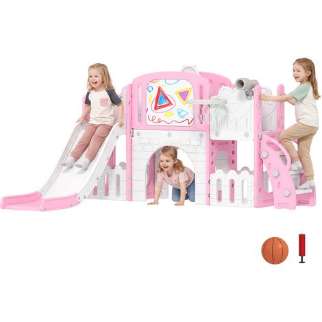 AIYAPLAY tobogán infantil 7 en 1 temática de rana con aro de baloncesto, túnel, pizarra, telescopio de juguete, escalador y cajas, para 1-3 años, rosa