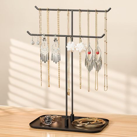 Supporto per gioielli, porta gioielli, vassoio per gioielli, contenitore per collane, bracciali, orecchini, orecchini a lobo, anelli, idea regalo, nero (1/5)