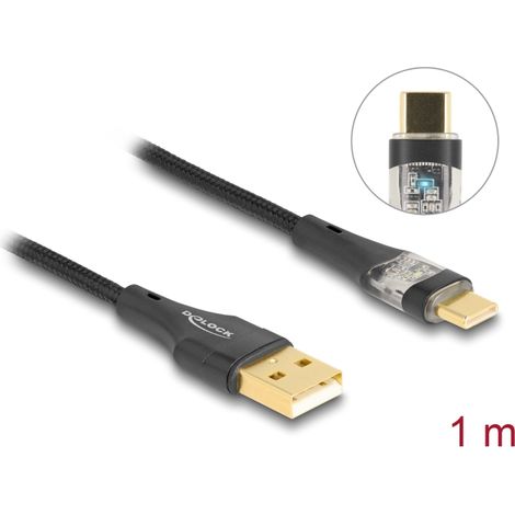 Delock Cable USB 2.0 Tipo-A macho a USB Type-Câ¢ macho con carga rÃ¡pida 60 W transparente 1 m