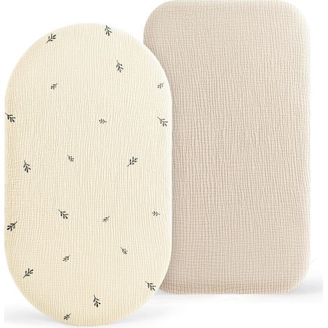 Set of 2 Co-Sleeping Sheets for Baby Bed, 100% Cotton Muslin Sheets Covers for Pushchair, Travel Cot and Moses Basket 50 x 90 cm (Beige Leaf) (1/5)