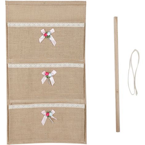 Organisateur Mural En Jute - Avec Nœud Papillon Rose - Pour Salle De Bain Chambre Cuisine - 3 Poches De Rangement (1/5)