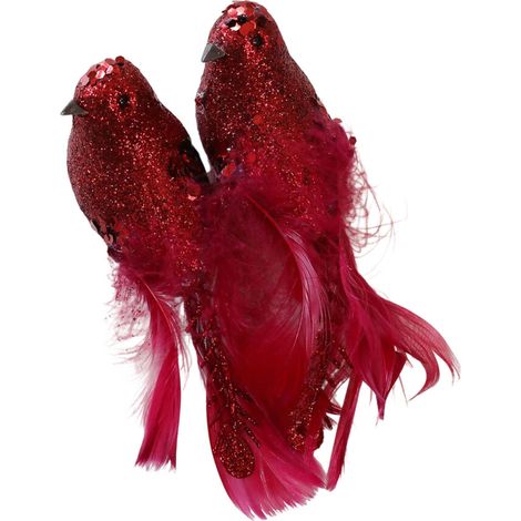 Uccellino in schiuma con piume scintillanti, 2 pezzi - Rosso Vino