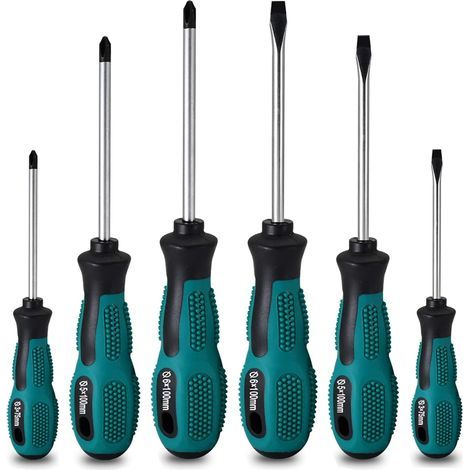 Ensemble de 6 tournevis magnétiques robustes en acier au chrome-vanadium, avec 3 embouts plats et 3 embouts cruciformes. (1/4)