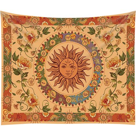Tapiz decorativo de pared estilo boho – Bufanda naranja con sol y luna de poliéster, 150 x 200 cm – Amarillo brillante – Juego de tapices de pared para salón y diseño de interiores (1/5)